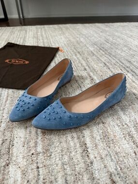 Tod’s Blue Suede Studded Pointed Toe Flats | Size 38.5